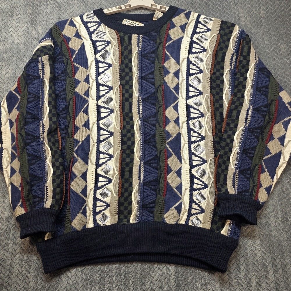 Vintage 90s Cotton Traders Coogi Style Sweater Men's XL‎ Navy Blue 3D Knit